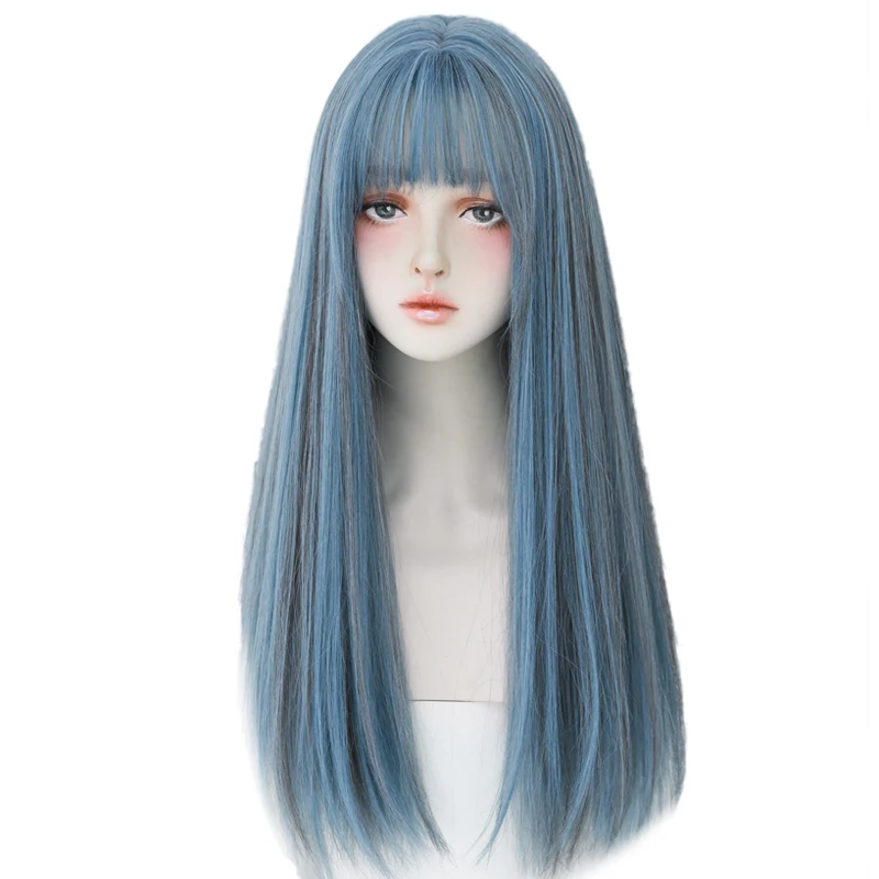 Smoky Blue Blunt Cut Bangs Long Straight Wig Amazon.com : SUKRI Light Blue Wigs with Bangs Long Straight  main image 3