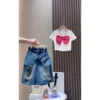 polvere bianca farfalla manica corta denim strappato di media lunghezza