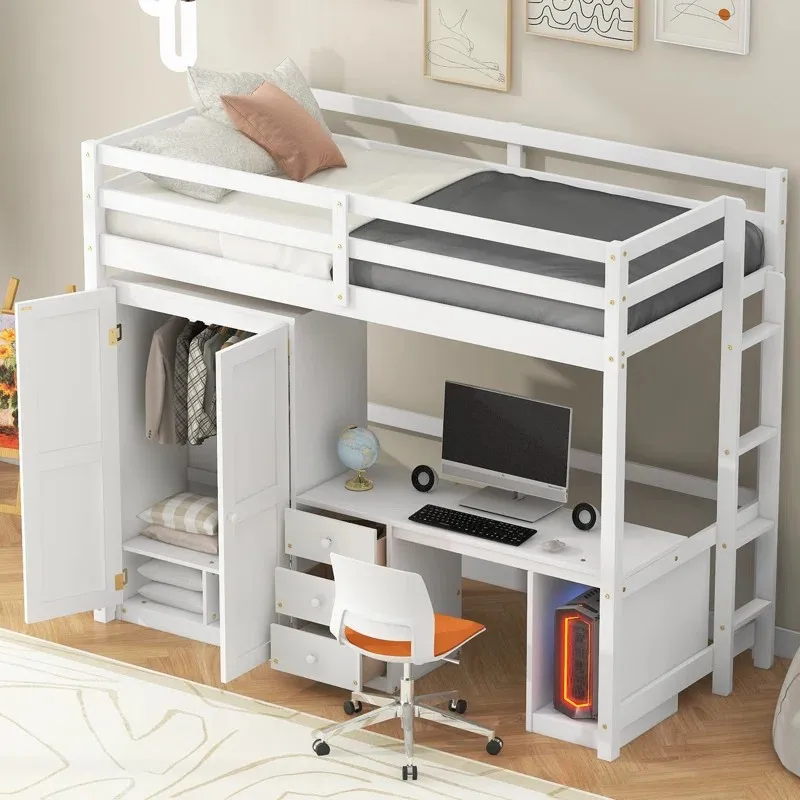 Loft Kids Bed with Wardrobe, Desk & Storage Drawers - Twin Size, Space ...