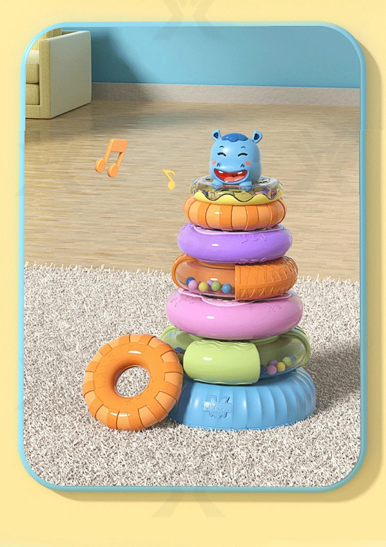 Chengji hot selling juguetes educational new born baby plastic toy musical rainbow stacking ring tower