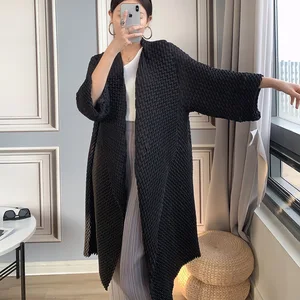 Miyake Women's Vintage Casual Style Cardigan Jacket for Autumn Loose Three-Dimensional Pleated Woven with Polyester Lining