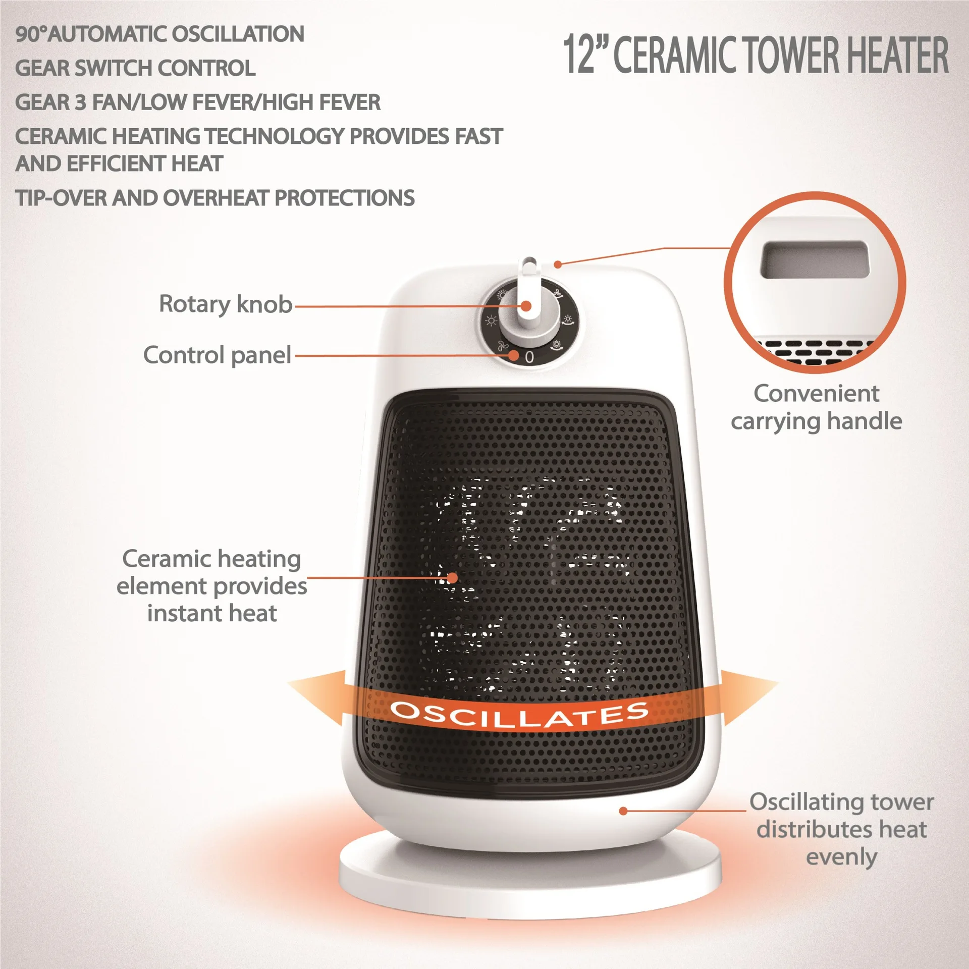 Intelligent New Heater Household Vertical Heater PTC Ceramic Heating Office Desktop Head-shakable Electric Heater