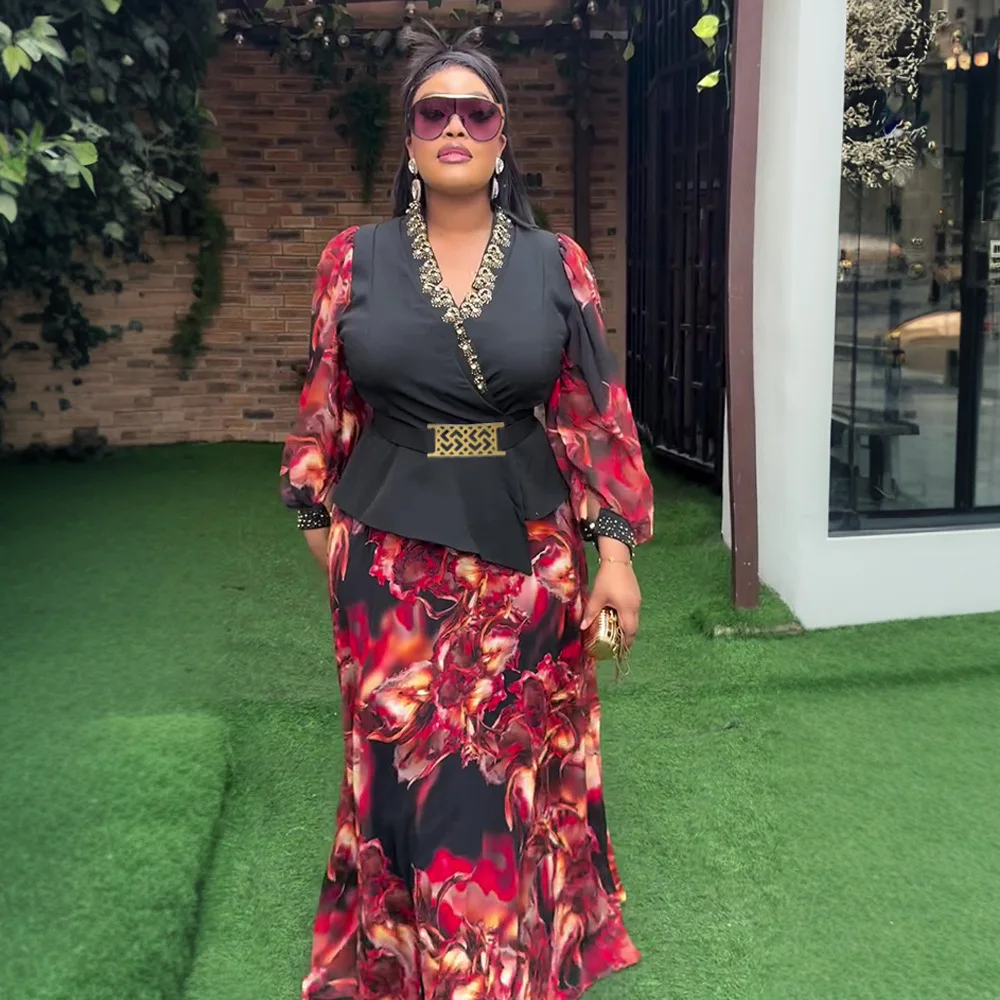 African Fashion Elegant Chiffon Dress Long Sleeve Premium V Neck Slim Gown Party Dresses for Women African Fashion Elegant Chiffon Dress Long Sleeve Premium V Neck Slim Gown Party Dresses for Women