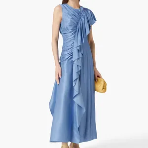 Custom OEM & ODM Women Party Dresses Short Sleeve Ruched Ruffle A-Line Flowy Cocktail Party Chiffon Maxi Dress