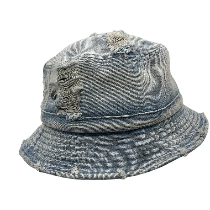 Japanese-Style Distressed Denim Korean Versatile Ripped Wide-Brimmed Hat  for Men and Women Hip-Hop Streetwear Sun Protection Fis