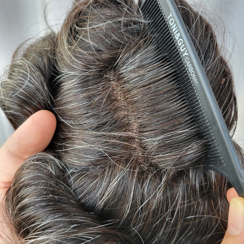 P2-3-8 100% Real Indian Human Hair 1B20 Grey Color Lace Skin Pu hollywood  Base Straight Men Wig Hairpiece System Toupee