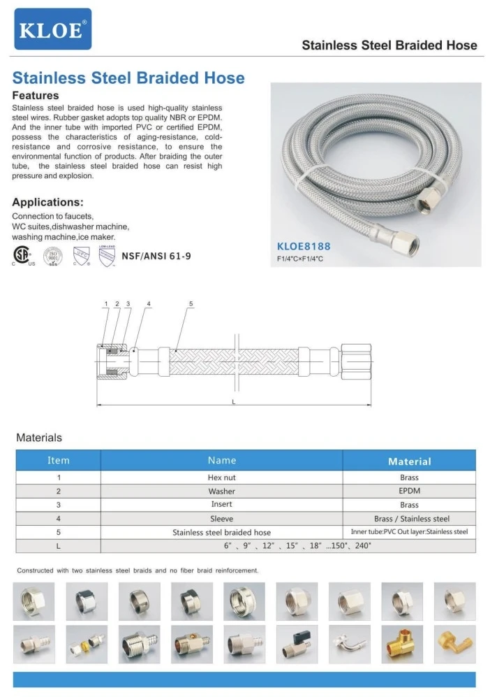 Kloe8111 Cupc Nsf Approved Stainless Steel Braided Flexible Hose For