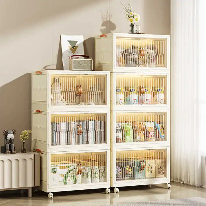 Wewin Stackable and Foldable Plastic Storage Cabinets with Wheels Portable Wardrobes for Movable Clothes Organizing