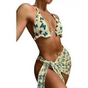 Summer New Swimsuit Set Women Three Piece Luxury Beachwear Butterfly Print Swimsuit Bikini Swimwear Manufacturing Company