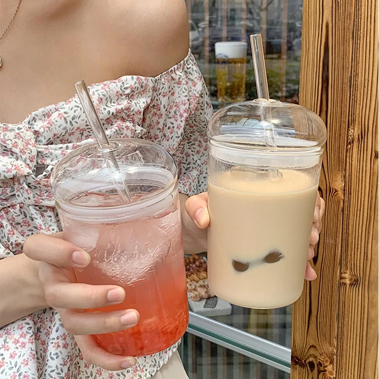 Wholesale 16oz Unique Design Reusable Clear Glass Drinks Iced Coffee Cup  Tumbler with Dome Lid and Straw for Juice Milk Tea