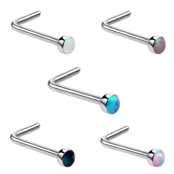 G23 Titanium 14G Opal Nose Studs Ring L Shape Nostril Screw Nose Screw Rings Piercing Cute Body Jewelry