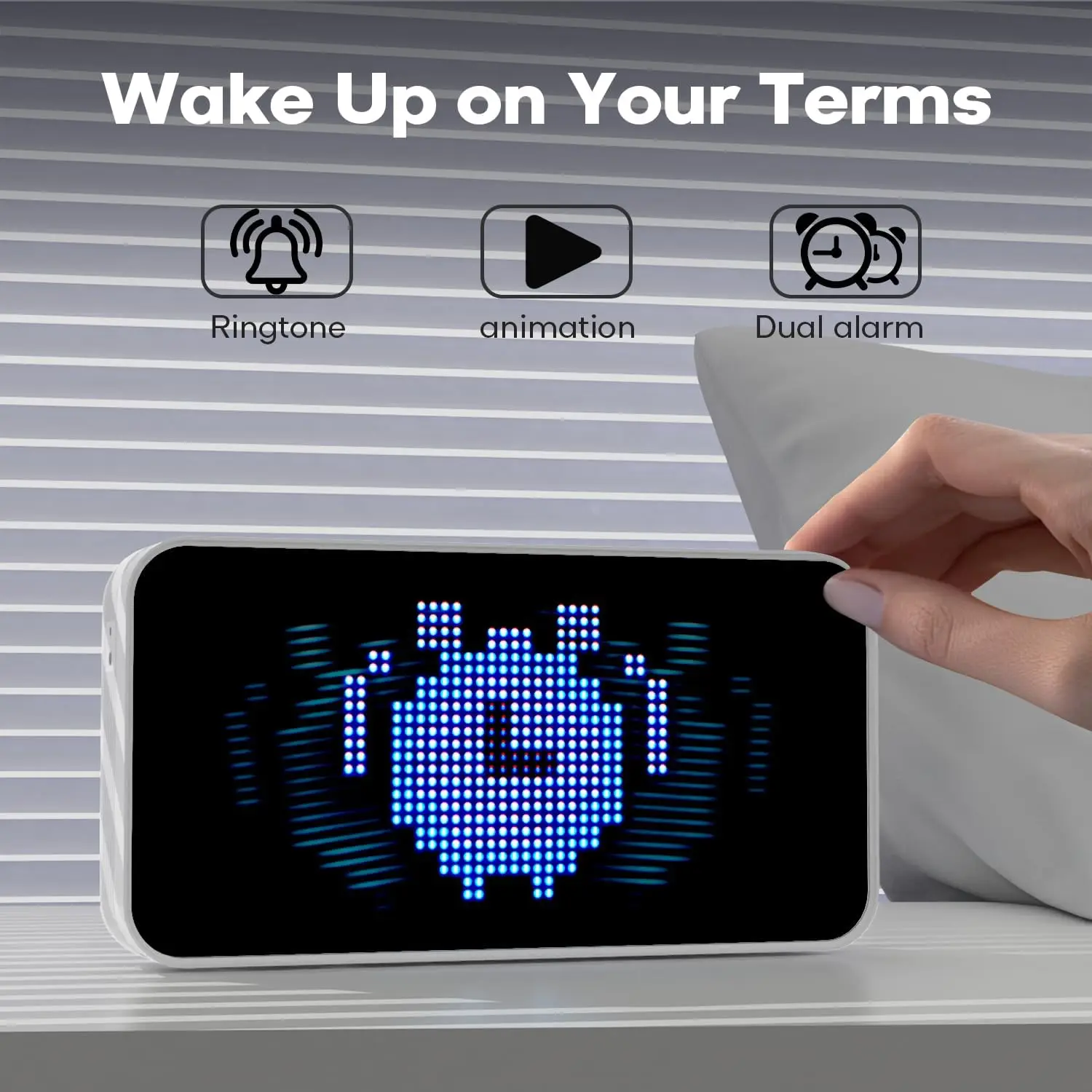 Smart Digital Alarm Clock for Bedroom Cool Pixel Art LED Dot Matrix Display Weather Temperature Humidity Animation Sleep Machine