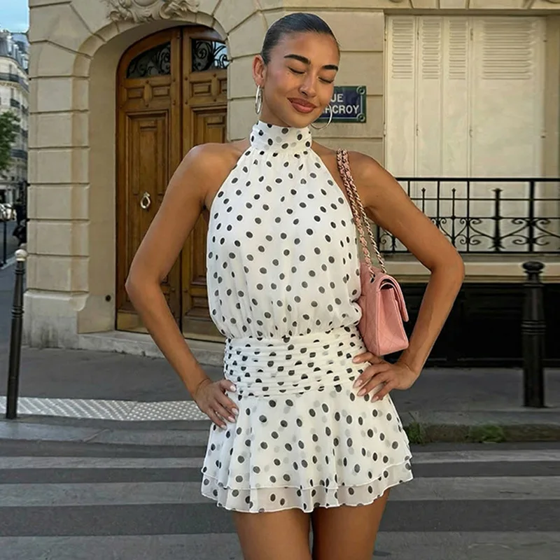 Polka Dot Elegant Off Shoulder Sleeveless Backless High Waist Halter Mini Dress  Y2K Summer Fashion Club Party Vestidos| Alibaba.com