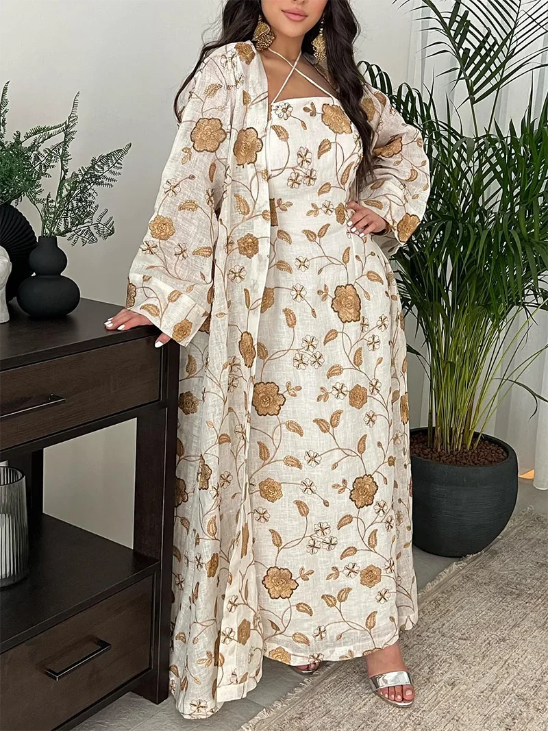 Custom Oem Arab Kuwait Two Piece Sets Floral Print Imitation Linen