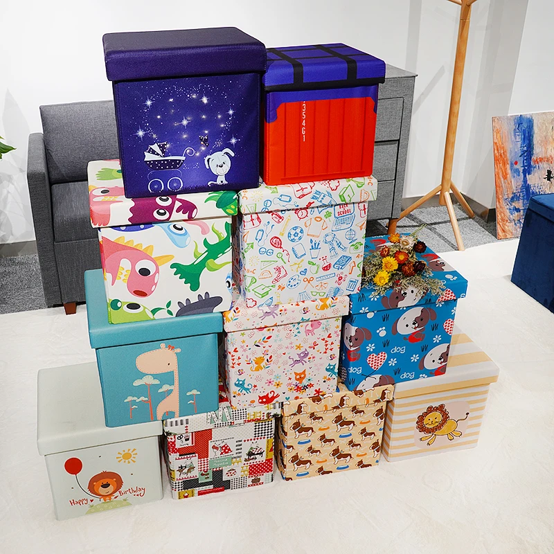 HStex 2020 Cartoon Storage Folding Ottoman Fabric Small Stool Easy Carry Children Stools with Animal Print