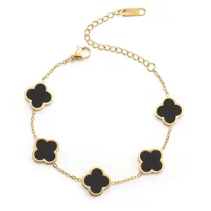 High Quality 13mm Four Leaf Clover Stainless Steel 14K/18K Gold Plated Agate Classic Chain Link Bracelet Bangle Waterproof