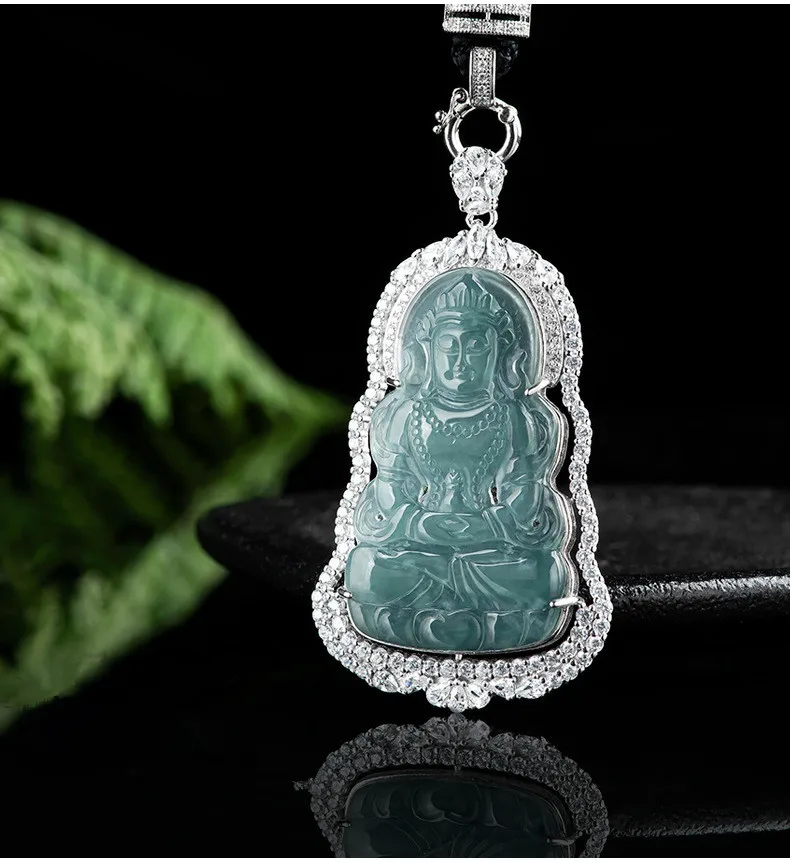 Natural a Grade Jadeite Blue Water Guanyin S925 Silver Luxury Inlaid Ice Jade Pendant for Men and Women Necklace Pendant
