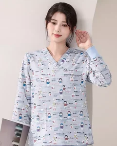 Printed Breathable Unisex Doctor Nurse Scrub Tops for Hospital Use 35% Cotton 65% Polyester Knitted Fabric OEM Available Scrubs