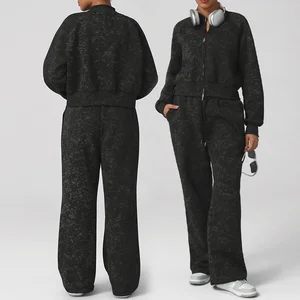 Roregal New Arrival Printing Long Sleeve Cropped Coat Loose Pant Sport Two Piece Set Yoga Set