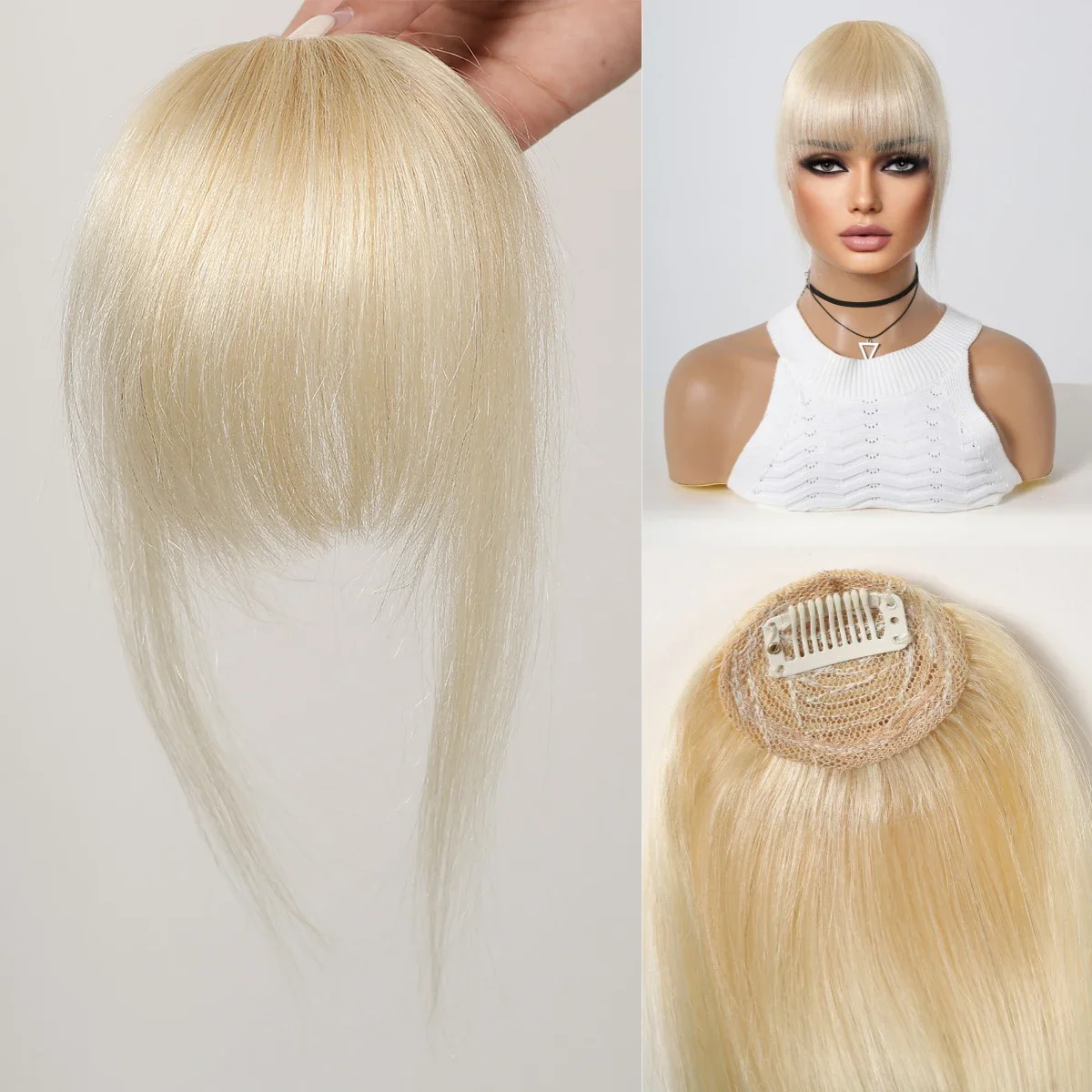 Platinum Blonde Human Hair Bangs Clip in Straight Hair Pieces for Women Blunt Bangs Extension_voghion.com