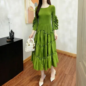 Factory Direct Spot Summer Ladies Casual A-Line Pleated Design Petal Sleeve Long Sleeve Shirt Dress Free Size Miyake Dress