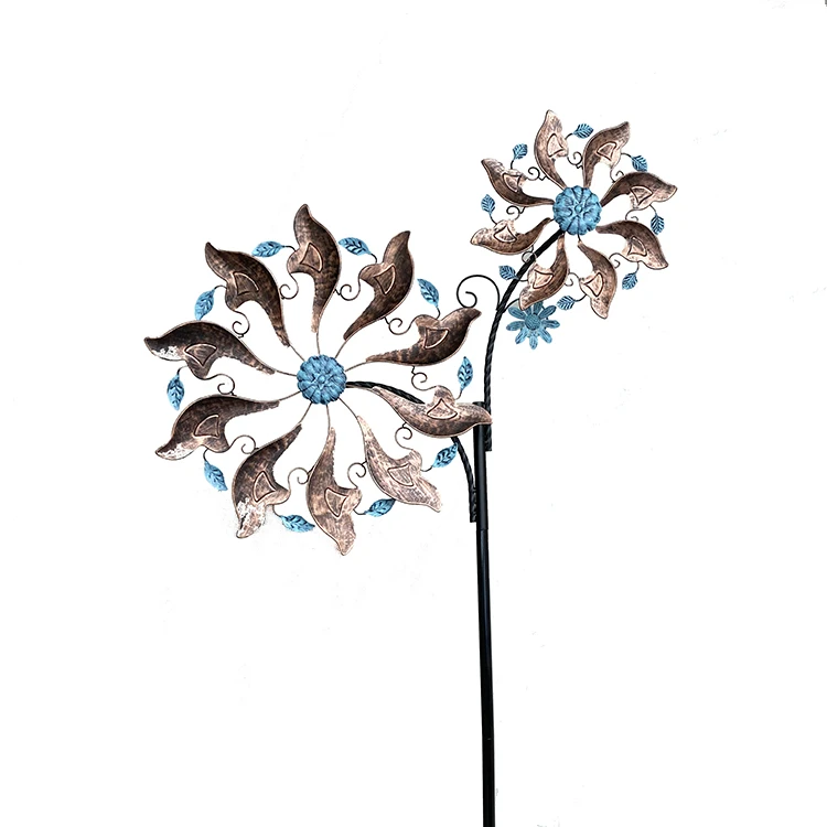 Two Flowers Wind Catcher with Copper Leaf Outdoor Home  Metal Wind Spinner USA