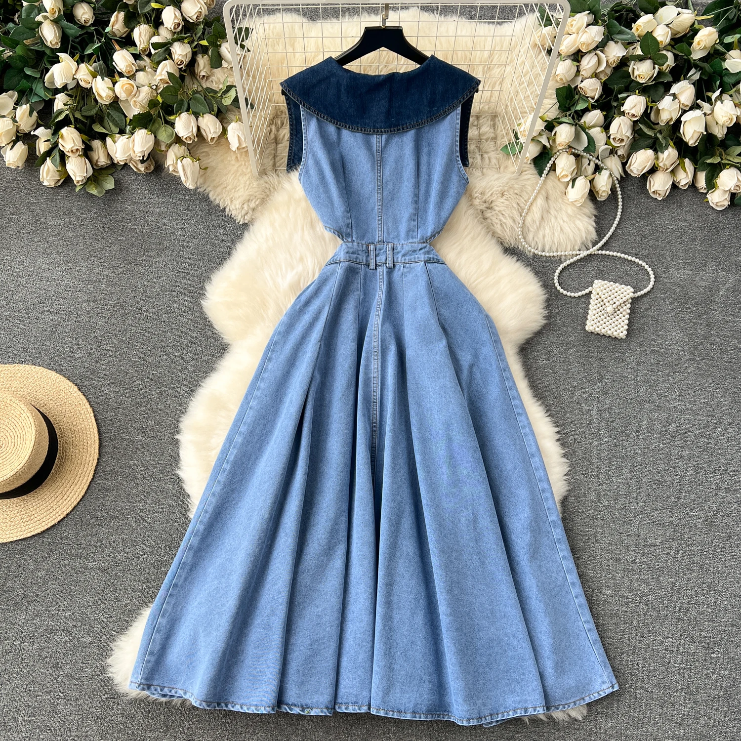 denim dress korean Summer Doll Collar Denim Denim pinafore dress