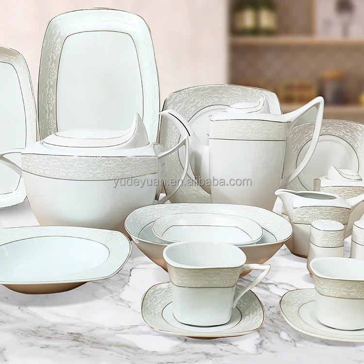 Modern Style Bone China Dinnerware Set 66PCS Turkish Gold Plated Square  Design Factory Wholesale Sustainable Ceramic Porcelain