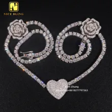 3mm Custom Moissanite Tennis Chains Rose Flower and Heart Shape Charm Necklace 925 Silver Moissanite Diamond Tennis Necklace