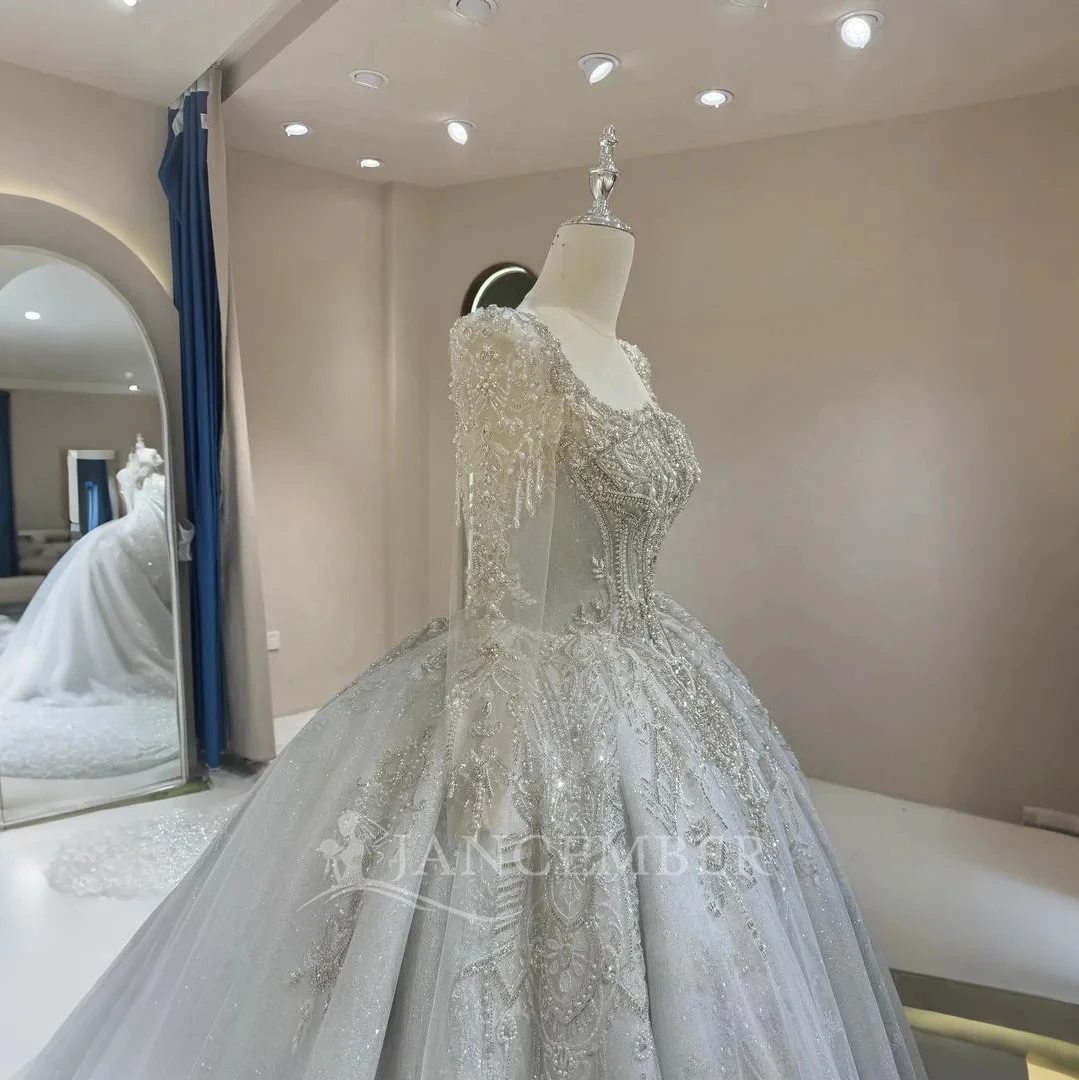 For Jancember DW0124 Modern Light Blue Wedding Dress Square Collar with  Crystal & Lace Decor Chapel Train Vestidos De Novia