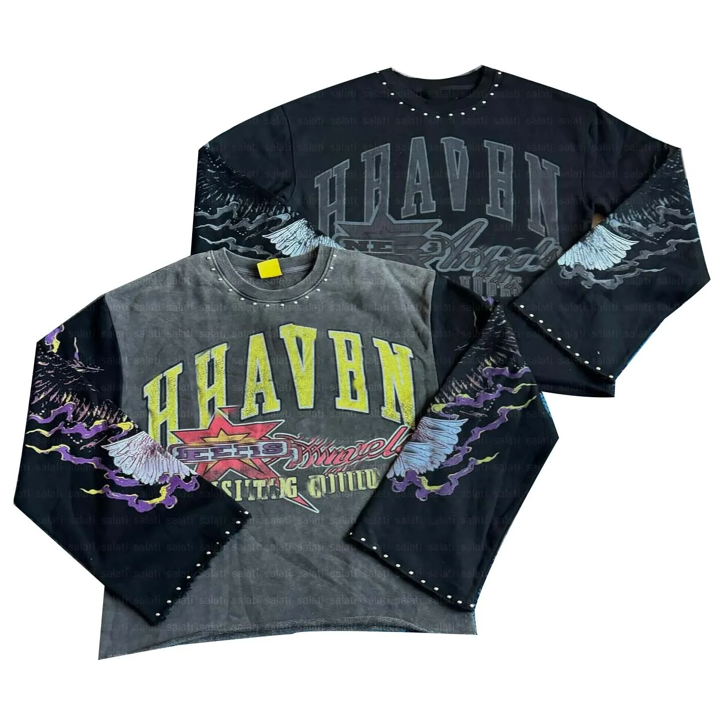 For Wholesale Stud Flared Long Sleeve Print Men's T-shirt Vintage Oversized Acid Wash Cotton Quick Dry Breathable Casual
