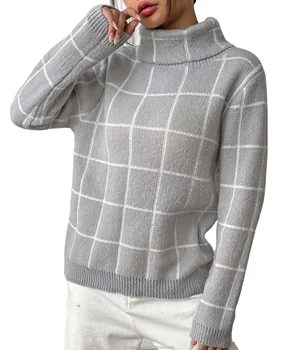 Custom Winter Women's Long Sleeve Knit Colour Block Turtleneck Sweater Pullover Sweater Plaid Pattern