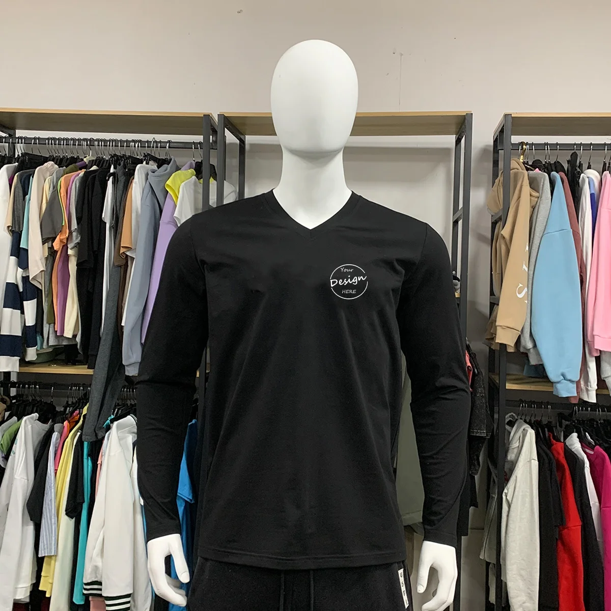 JL217E Wholesale Promotion Oem Men’s Solid Long Sleeve Trendy V-neck T-shirt Long Sleeve t Shirts