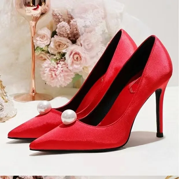 Plus Size Bridal Shoes Pointed Toe White Red Satin High Heeled Slip On Women Pearl Wedding Pumps Shoes Party - Image 3