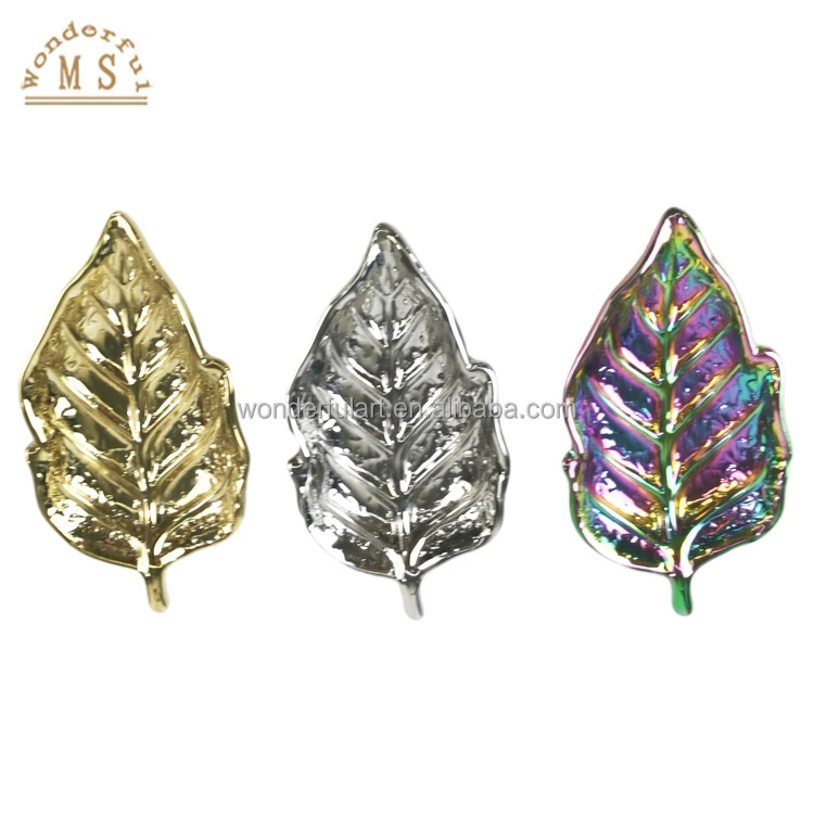 Oem Tree leaves dish Shape Holders 3d Style tray Kitchenware Ceramic porcelain golden silver water glazed plate dish Tableware