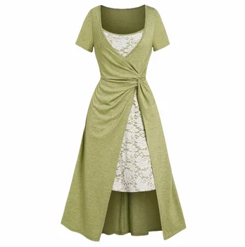 Solid Embroidery Patchwork Lace High Split Dress Women Outfits Elegant Green Evening Dress daily outfit