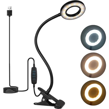 Desk Lamp Clip on Light, 48 LEDs USB Clip Ring Light with 3 Color Modes 10 Dimmable Brightness, Eye Protection Desk Light