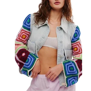 Classic Women's Varsity Jacket Light Wash Denim Short Coat Contrasting Colorful Sleeves Waterproof Breathable Fashion