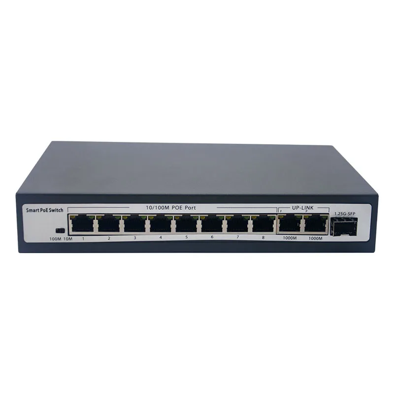 Pengalih PoE 8 Port 10/100Mbps Dengan 1 SFP 2 Uplink Gigabit 48V 96W POE+ Penukar Media SFP