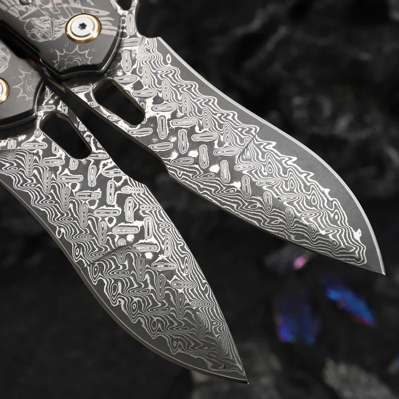 Flying Eagle-Navigator High Quality Damascus Folding Pocket Knife Sheath D2 Steel Blade Wood Handle Outdoor Use OEM