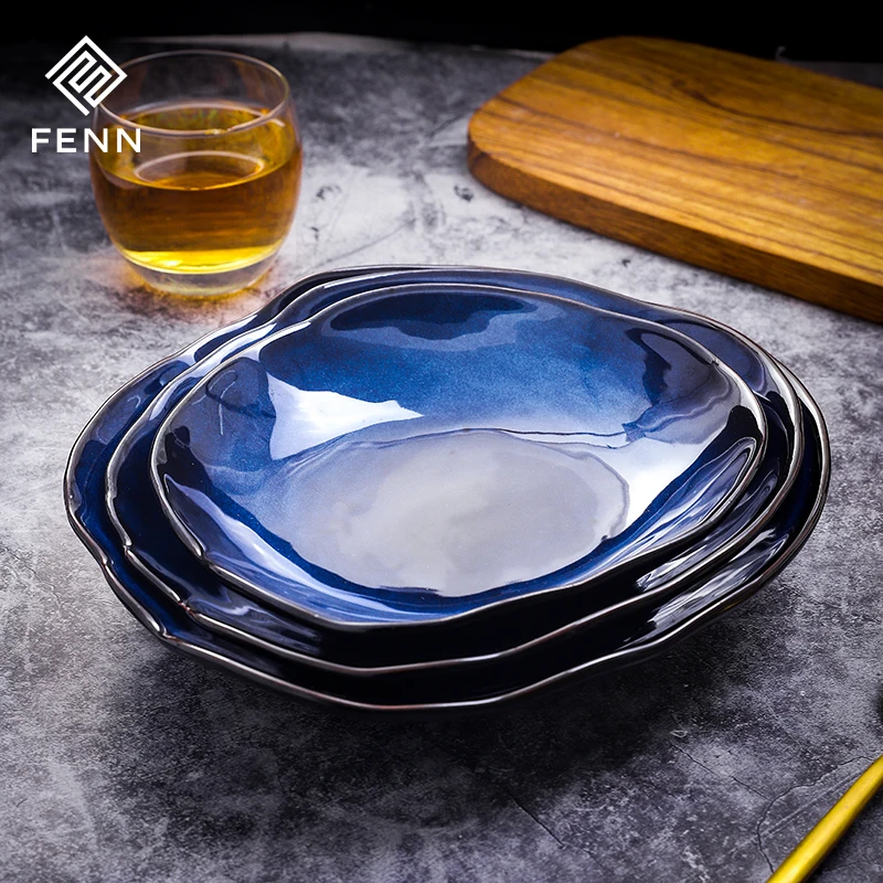 FENN Luxury Ceramic Tableware Modern Hotel Dish Plate Blue Glazed Porcelain Catering Dinner Soup Plate Set Dish & Plate