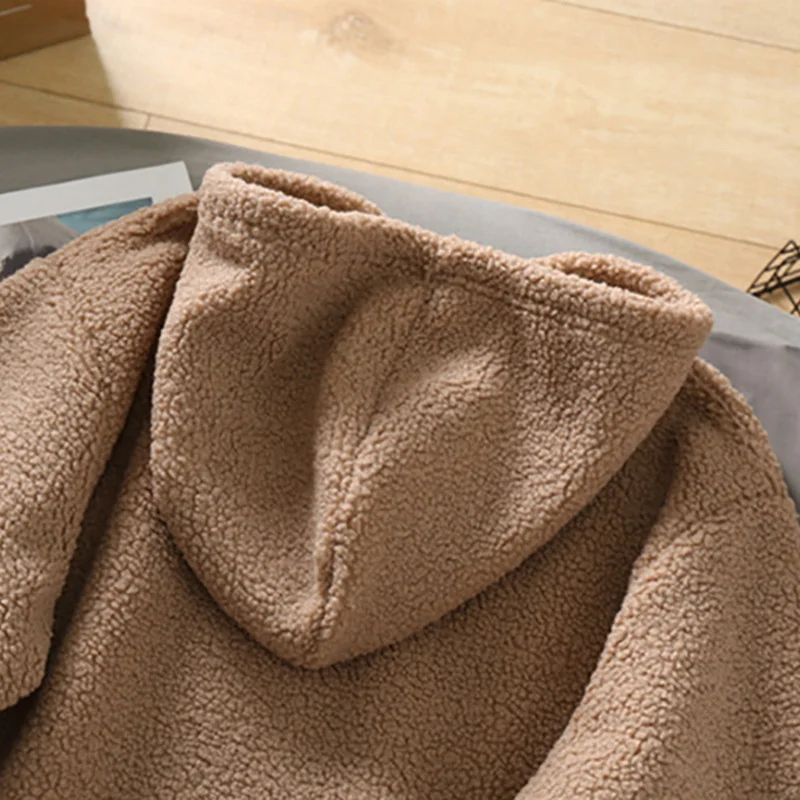 JL-12152 OEM Plain Brown Hoodies Men Lamb Plush Thickened Warm Hoodie Loose Casual Sherpa Hoodies for Men