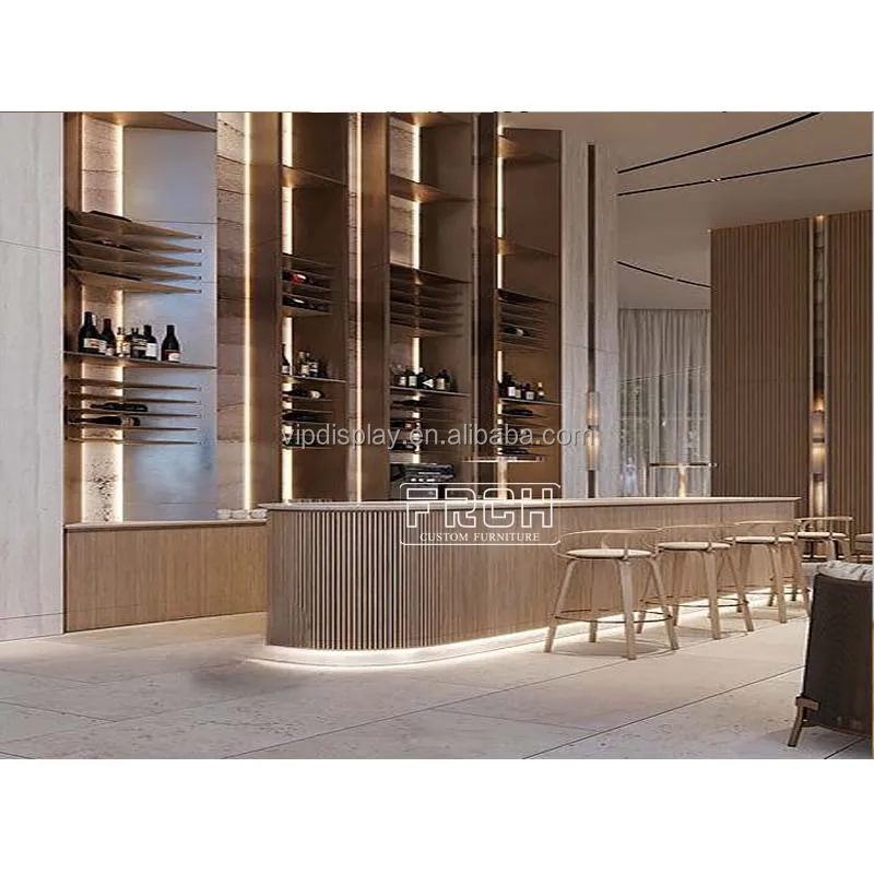 Oem Western Style Simple Service Checkout Marble Top  Wooden Curved Bar Reception Counter Design Divider Bar