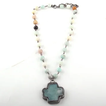 Fashion Women Ethnic jewellery necklace Natural Stone Black Rosary Chain Amazonite Stone Cross Pendant Choker Necklace