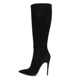 Women Factory Black Suede Pointed Toe Fashion 2019 Winter High Heels Zipper Knee High Boots