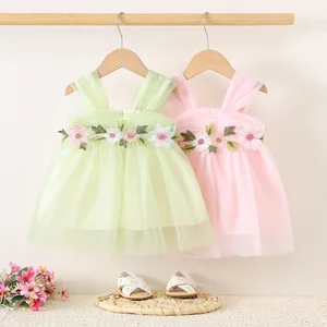 Summer Elegant Princess Floral Organza Strap Waist with Sweet Ruffles Knee-Length ODM Dresses for Girls