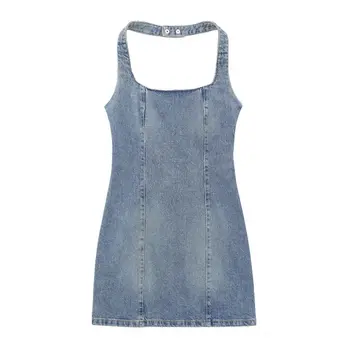 Summer Women's Sexy Casual Halter Dress Cross Border Jeans or Denim Skirts with Empire Waistline Hanging Neckline for Ladies