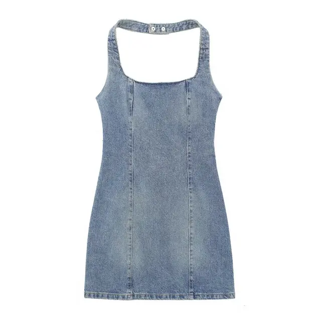 Summer Women's Sexy Casual Halter Dress Cross Border Jeans or Denim Skirts with Empire Waistline Hanging Neckline for Ladies