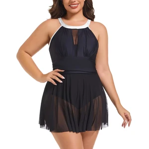 Dropshipping In-Stock Ruffled Neck Tie Mesh Spandex/Polyester More Coverage Swim Dress Plus Size Swimwear for Women 1 Piece