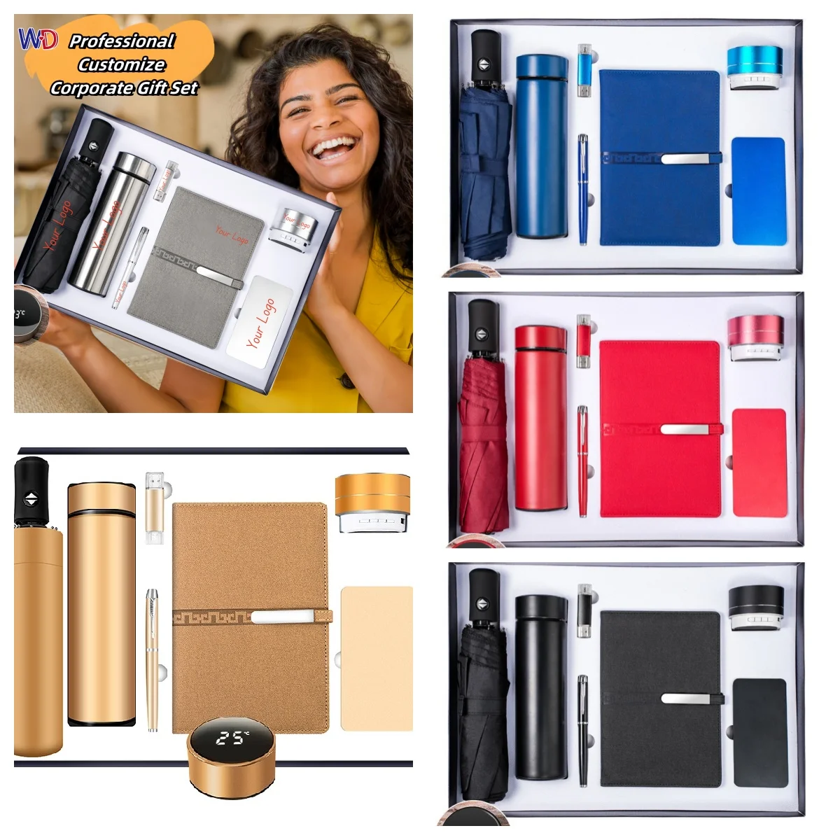 New Arrival 7 in 1 Promotional Business Flask Power Bank Umbrella Gift Set Custom Logo Luxury Set Employee Advertising Christmas